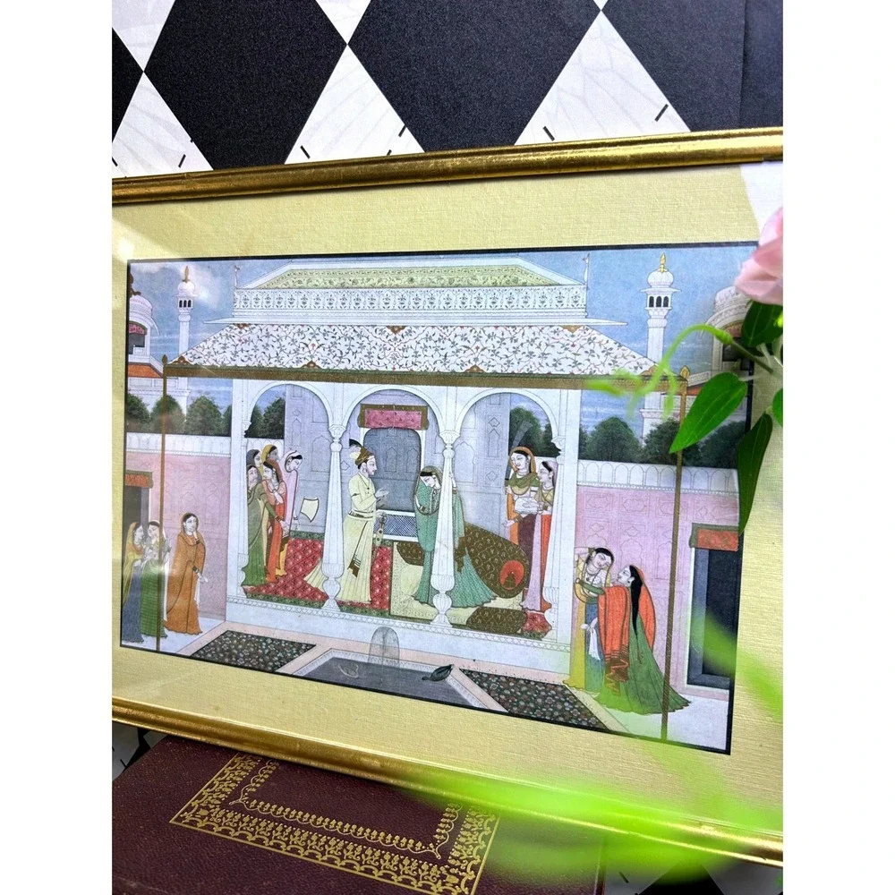 Vintage Framed Indian Nala and Damayanti Mahabharata Print Palace Scene Wall Art